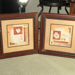 Square 18.5" Orange Tan Abstract Floral Framed Art